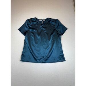 Liz Baker Teal Satin Short Sleeve Keyhole Neck Blouse Top Women's Size 14